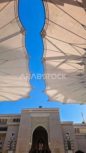 Medina, Saudi Arabia - March 5, 2024: Exterior architecture of the Masjid an-Nabawi