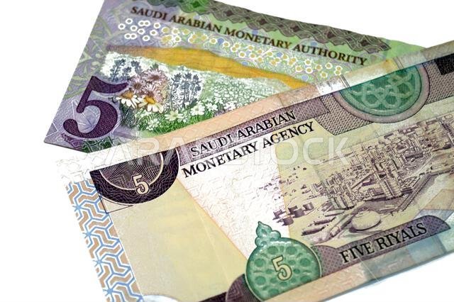 الوجه الخلفي لورقة نقدية من فئة 5 ريالات سعودية، عليها صور لمصفاة نفط وأزهار، وهي عملة سعودية قديمة الطراز.