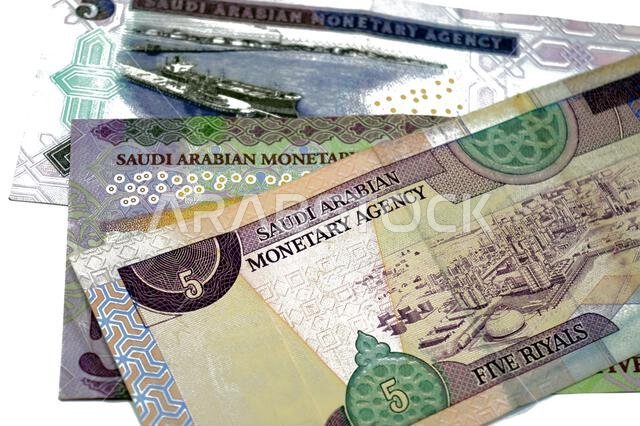 Back sides of 5 SAR five Saudi Arabian riyals cash money banknote bill, new and old vintage retro Saudi money from the era of king Abdullah, king Fahd