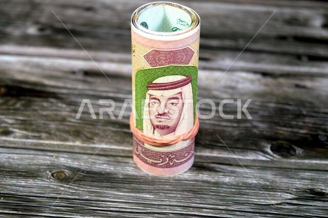 100 ريال سعودي، لفة من الأوراق النقدية ملفوفة بشريط مطاطي، تحمل صورة الملك فهد بن عبد العزيز.