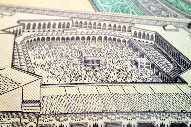 the Courtyard of The Holy great Mosque in Mecca, The mosque surrounds the Ka'aba Kaaba from the reverse side of 500 SAR five hundred Saudi riyals cash