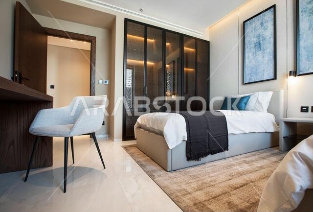 Interior view of a furnished apartment in Riyadh, Saudi Arabia, showing modern furniture, decor, and comfortable living space.