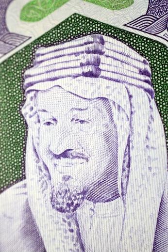 A portrait of King Abdulaziz Bin Abdulrahman Al Saud from obverse side of 500 SAR five hundred Saudi riyals cash money banknote bill, also features Th