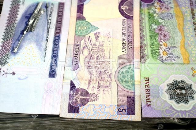 الوجه الخلفي لخمسة ريالات سعودية، عملات سعودية قديمة وجديدة من عهد الملك عبد الله والملك فهد