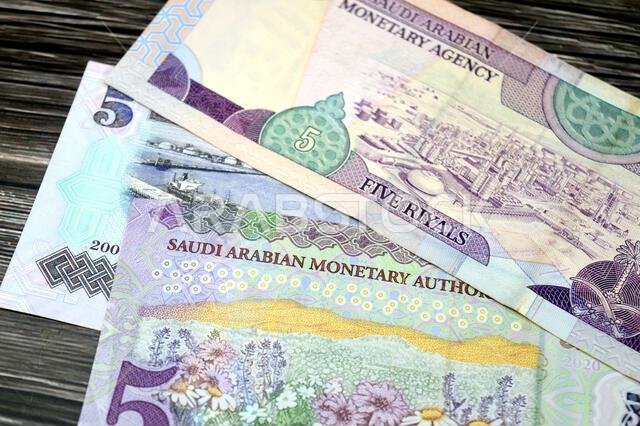 الوجه الخلفي لخمسة ريالات سعودية، عملات سعودية قديمة وجديدة من عهد الملك عبد الله والملك فهد