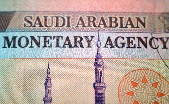 part of the reverse side of 100 SAR one hundred Saudi Arabian riyals cash money banknote bill, features a general view of the Holy Prophet's Mosque at