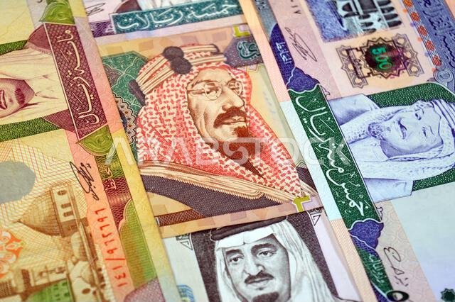 Old Saudi Arabian riyals SAR banknotes cash money bills, of different values, from old vintage retro King Fahd Bin AbdulAziz Al Saud time, Saudi Arabi