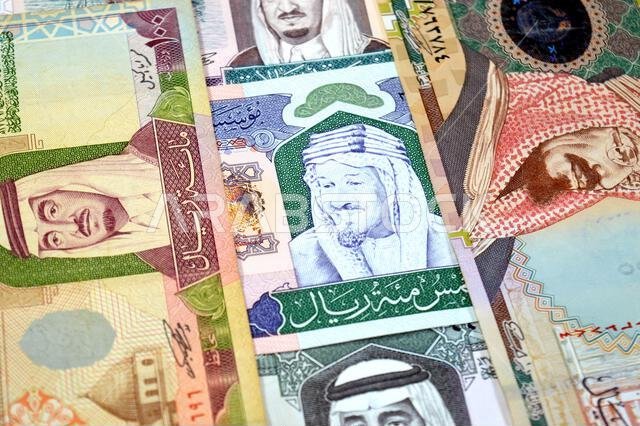 Old Saudi Arabian riyals SAR banknotes cash money bills, of different values, from old vintage retro King Fahd Bin AbdulAziz Al Saud time, Saudi Arabi