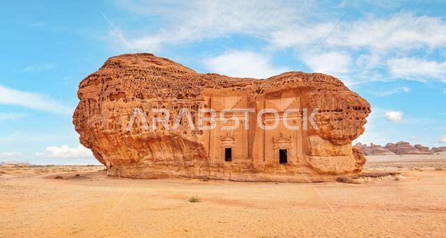 Old Nabatean architecture at Jabal Al Ahmar, Hegra in Saudi Arabia, 18 ancient tombs are located here