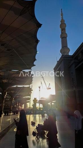 Medina, Saudi Arabia - March 7, 2024: The morning atmosphere in the courtyard of Al-Masjid an-Nabawi