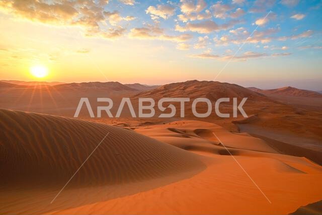 Sunrise panorama in Empty quarter desert of Oman. Rub' al-Khali desert ad dawn.