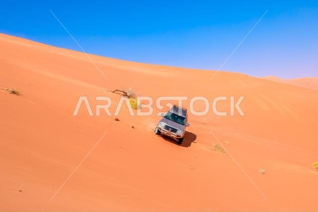 Wubar, Oman - Jan 7, 2024: Offroad desert safari running and dune bashing in Oman Empty Quarter desert and Saudi Arabia, Persian Gulf, Middle East