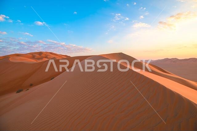 منظر صحراوي شاسع يظهر كثباناً رملية ضخمة ذات ملمس متموج، تغمرها أشعة الشمس الدافئة عند الشروق أو الغروب، مما يخلق إحساساً بالعزلة.