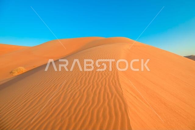 منظر بانورامي لغروب الشمس في كثبان الربع الخالي بسلطنة عمان. إطلالة على صحراء الربع الخالي.