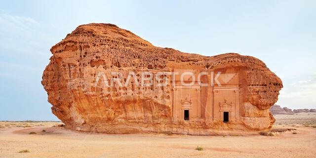 Old Nabatean architecture at Jabal Al Ahmar, Hegra in Saudi Arabia, 18 ancient tombs are located here
