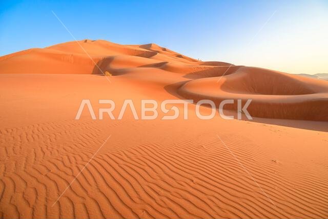 منظر بانورامي لغروب الشمس في كثبان الربع الخالي بسلطنة عمان. إطلالة على صحراء الربع الخالي.