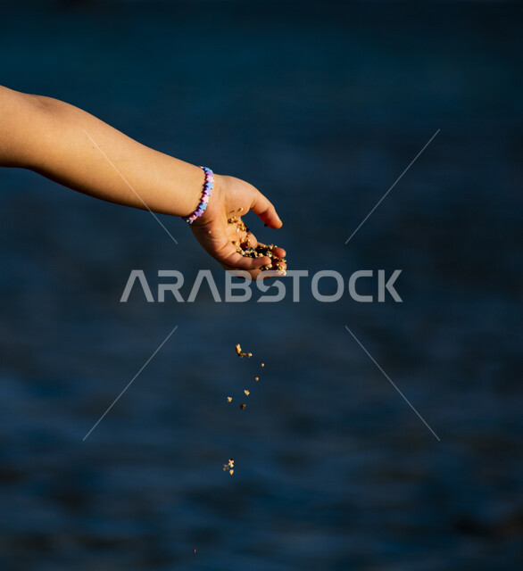 صورة ابداعية ليد طفلة تمسك برمال البحر على شاطئ البحر في المملكة العربية السعودية، اللعب بالرمال، رمال البحر، انشطة ترفيهية على شاطئ البحر، السياحة في السعودية