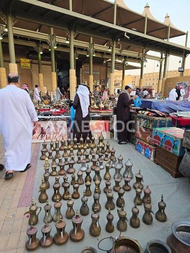 Antique Copper Pitchers and Teapots Displayed at Souq-al-Zal in Riyadh, Saudi Arabia.