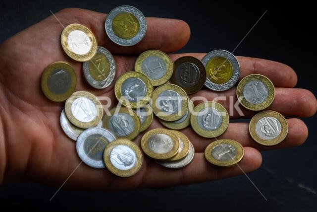 صورة مقرّبة ليد تحمل عدة عملات معدنية سعودية من فئات مختلفة