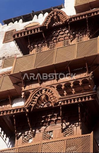 Saudi Arabia, Keddah, the old town, traditional wood carved balconies.