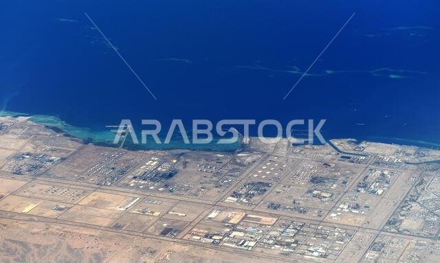 Aerial view of the Arabian desert and the Red Sea coast in the Yanbu region in Saudi Arabia.