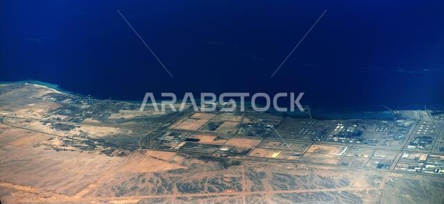 Aerial view of the Arabian desert and the Red Sea coast in the Yanbu region in Saudi Arabia.