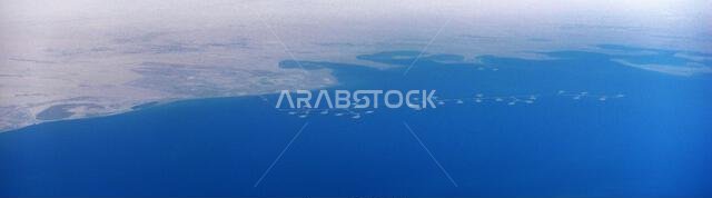 Aerial view of the Saudi Arabian coastline with new artificial islands in the Manifah region in Saudi Arabia.