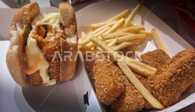 Makkah, Saudi Arabia - March 8, 2024: Burger, chicken nuggets and french fries from Albaik, one of the famous fast-food restaurants Makkah, Saudi Arabia - March 8, 2024: Burger, chicken nuggets and french fries from Albaik, one of the famous fast-food restaurants