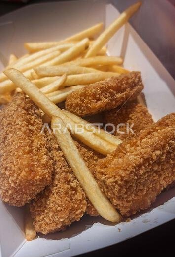 Makkah, Saudi Arabia - March 8, 2024: Chicken nuggets and french fries from Albaik, one of the famous fast-food restaurants Makkah, Saudi Arabia - March 8, 2024: Chicken nuggets and french fries from Albaik, one of the famous fast-food restaurants