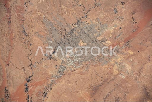 Riyadh, the capital and largest city in the desert nation of Saudi Arabia, is pictured fom the International Space Station as it orbited 260 miles above the Arabian Peninsula. Feb. 20, 2024.  An optimised version of an original NASA image: Credit NASA/AMogensen