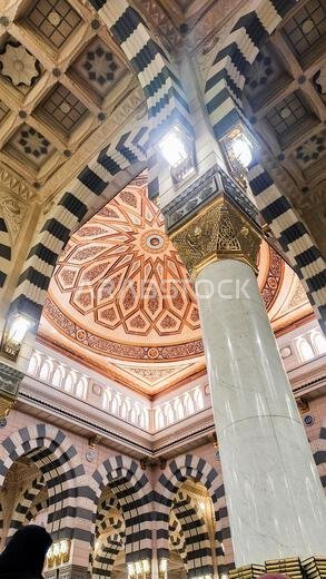 Medina, Saudi Arabia - March 7, 2024: Interior architecture of the Masjid an-Nabawi
