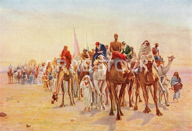 حجاج في طريقهم إلى مكة. مأخوذة عن لوحة ليون بيلي، 1827-1877.