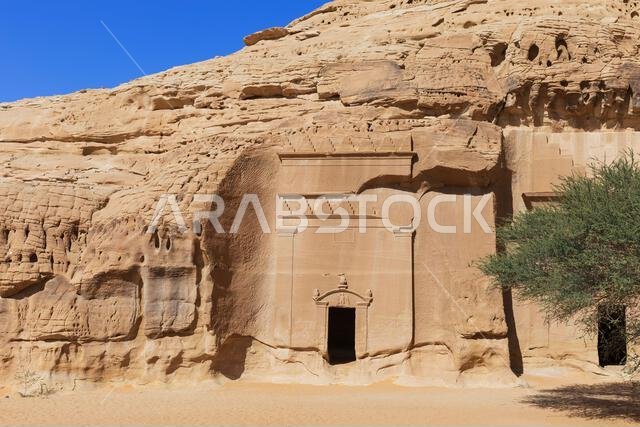 Rock-cut tombs at Jabal al-Banat (Mountain of the Women) at the Nabataean archaeological site of Hegra near Ul Ula, Saudi Arabia