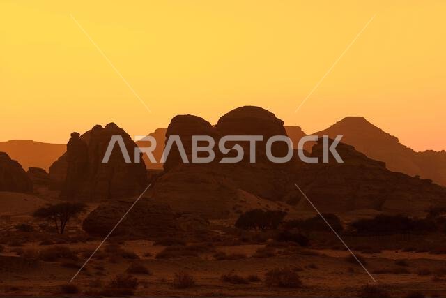 The ancient Nabataean archaeological site of Hegra near AlUla, Saudi Arabia at sunset
