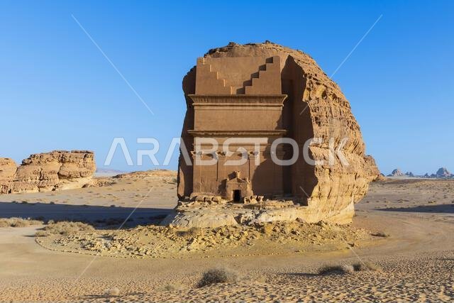 Qasr al-Farid (the Tomb of Lihyan Son of Kuza) from the 1st century CE, a monumental Nabataean tomb located in the ancient city of Hegra, Saudi Arabia