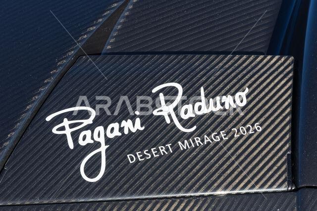 The advanced carbon fiber hood of a Pagani Huayra Roadster at the Desert Mirage 2026 race in Al Ula, Saudi Arabia