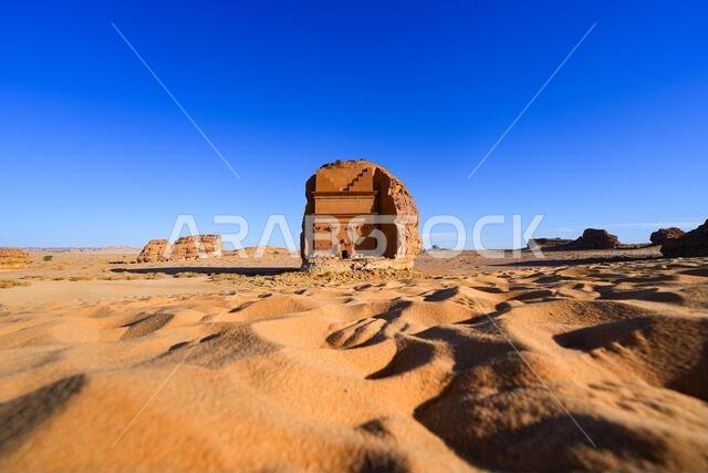 The majestic Tomb of Lihyan son of Kuza in Hegra, an ancient nabataean city in the desert of Saudi Arabia
