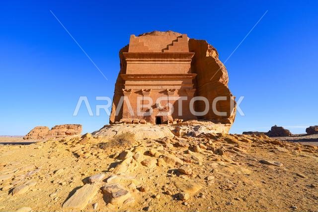 The majestic Tomb of Lihyan son of Kuza in Hegra, an ancient nabataean city in the desert of Saudi Arabia
