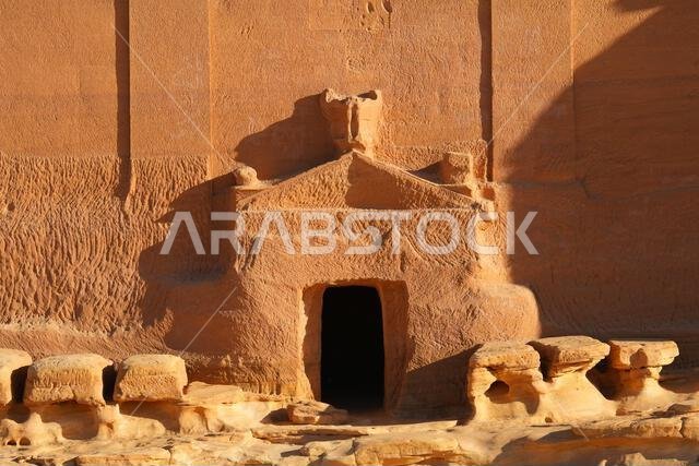 Entrance to the majestic Tomb of Lihyan son of Kuza in Hegra, an ancient nabataean city in the desert of Saudi Arabia