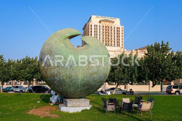 Modern bronze sculpture at the Jeddah Corniche Park on the Red Sea coast in Saudi Arabia
