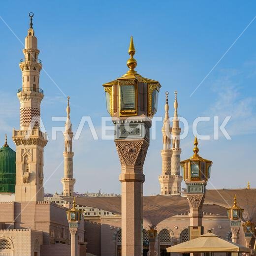 Ornate columns hiding giant umbrellas on Haram Piazza in front of the Prophet's Mosque (Al-Masjid an-Nabawi) in Medina, Saudi Arabia