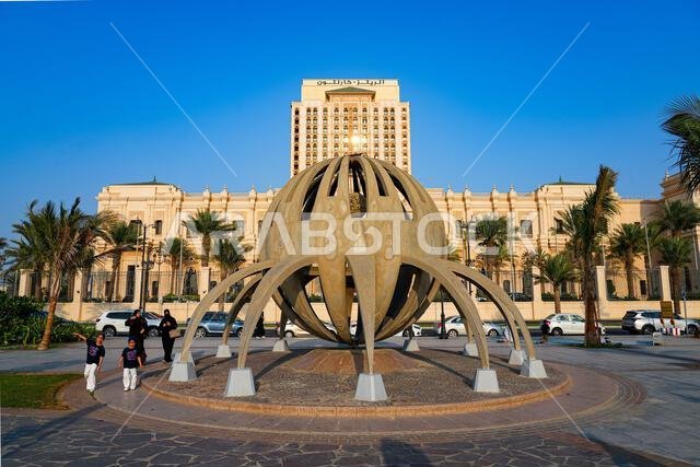 Globe Monument in front of the Ritz-Carlton hotel at the Jeddah Corniche on the Red Sea coast in Saudi Arabia