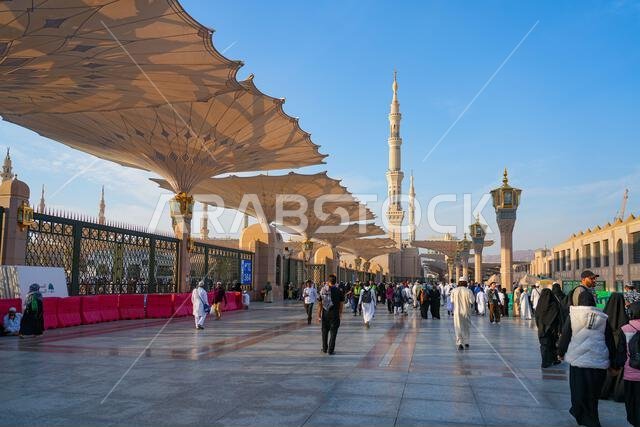 Giant retractable umbrellas at the Prophet's Mosque (Al-Masjid an-Nabawi) in Medina, Saudi Arabia