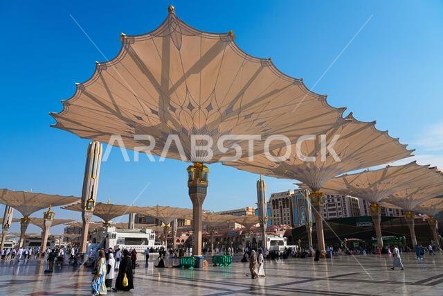 Giant retractable umbrellas at the Prophet's Mosque (Al-Masjid an-Nabawi) in Medina, Saudi Arabia
