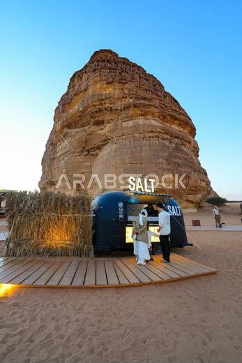 Salt food truck at Elephant Rock (Jabal Al-Fil) in the desert of AlUla, Saudi Arabia