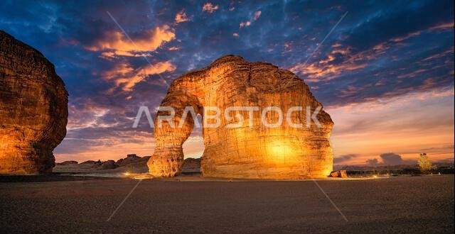 The iconic Elephant Rock (Jabal Al-Fil) at dusk in the desert of AlUla, Saudi Arabia