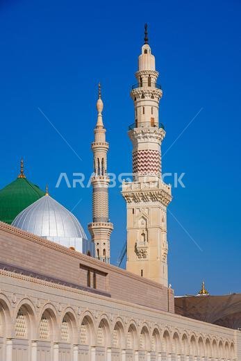 Minaret and silver sliding dome of the Prophet's Mosque (Al-Masjid an-Nabawi) in Medina, Saudi Arabia