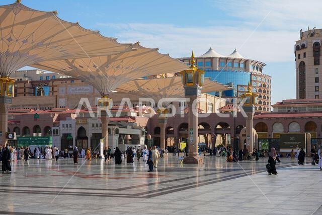 Giant retractable umbrellas at the Prophet's Mosque (Al-Masjid an-Nabawi) in Medina, Saudi Arabia