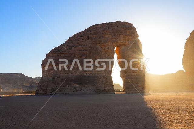 The iconic Elephant Rock (Jabal Al-Fil) at sunset in the desert of AlUla, Saudi Arabia