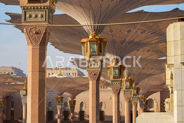 Giant retractable umbrellas at the Prophet's Mosque (Al-Masjid an-Nabawi) in Medina, Saudi Arabia